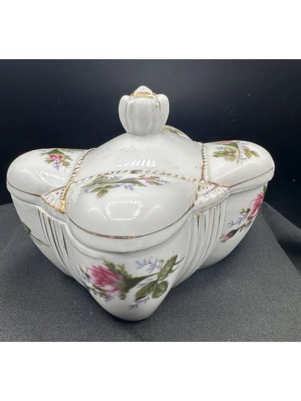 Vintage Japan Porcelain Trinket Box Pink Roses Gold Trim Footed Lidded Floral